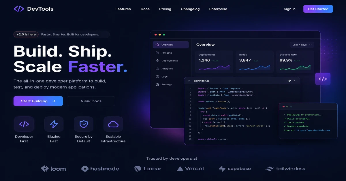 SaaS Landing Page Dark Hero Section for Developer Tools